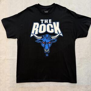 WWE THE ROCK Men's XL Black T Shirt Bull Logo Retro Y2K Style Wrestling
